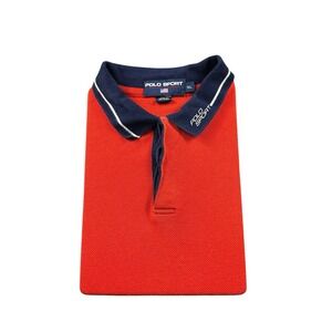 Polo Sport VTG Orange Blue Tipped Cotton Spellout Snap Polo Size XL